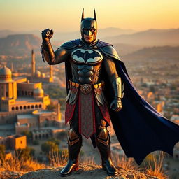 A unique rendition of Batman as a Persian superhero, dressed in a richly detailed Persian armor that incorporates elements of traditional Iranian clothing, adorned with intricate patterns and motifs