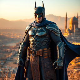 A unique rendition of Batman as a Persian superhero, dressed in a richly detailed Persian armor that incorporates elements of traditional Iranian clothing, adorned with intricate patterns and motifs