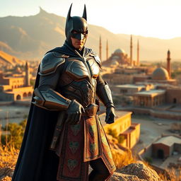 A unique rendition of Batman as a Persian superhero, dressed in a richly detailed Persian armor that incorporates elements of traditional Iranian clothing, adorned with intricate patterns and motifs