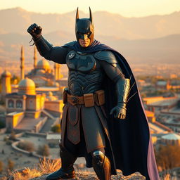 A unique rendition of Batman as a Persian superhero, dressed in a richly detailed Persian armor that incorporates elements of traditional Iranian clothing, adorned with intricate patterns and motifs