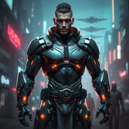 A futuristic depiction of Hadi Chopan reimagined as a cyborg warrior, seamlessly integrating advanced technology with human features