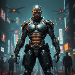 A futuristic depiction of Hadi Chopan reimagined as a cyborg warrior, seamlessly integrating advanced technology with human features