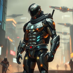 A futuristic depiction of Hadi Chopan reimagined as a cyborg warrior, seamlessly integrating advanced technology with human features