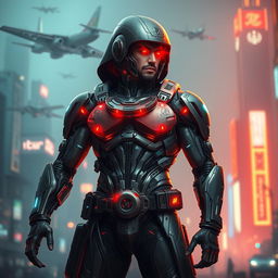 A futuristic depiction of Hadi Chopan reimagined as a cyborg warrior, seamlessly integrating advanced technology with human features