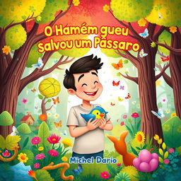 A captivating e-book cover design for a children's book titled 'O Homem que Salvou um Pássaro', authored by Michel Dario