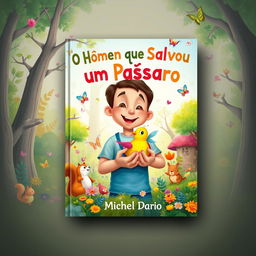 A captivating e-book cover design for a children's book titled 'O Homem que Salvou um Pássaro', authored by Michel Dario