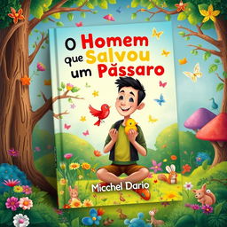 A captivating e-book cover design for a children's book titled 'O Homem que Salvou um Pássaro', authored by Michel Dario