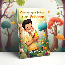 A captivating e-book cover design for a children's book titled 'O Homem que Salvou um Pássaro', authored by Michel Dario