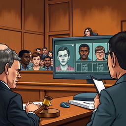 A detailed illustration of a courtroom scene focusing on facial recognition technology during a trial