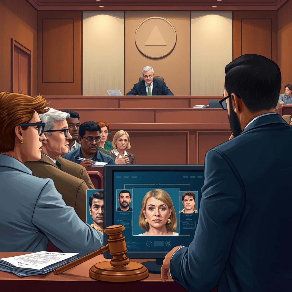 A detailed illustration of a courtroom scene focusing on facial recognition technology during a trial