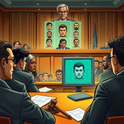 A detailed illustration of a courtroom scene focusing on facial recognition technology during a trial