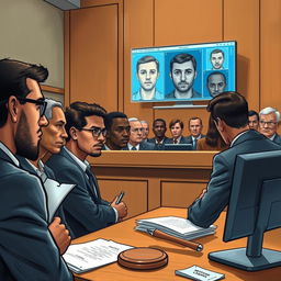 A detailed illustration of a courtroom scene focusing on facial recognition technology during a trial