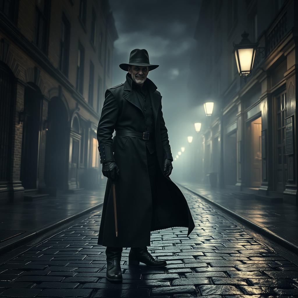 A mysterious figure resembling Jack the Ripper in full black battle armor, wearing a long flowing coat and a hat that obscures his eyes