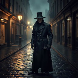 A mysterious figure resembling Jack the Ripper in full black battle armor, wearing a long flowing coat and a hat that obscures his eyes