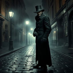 A mysterious figure resembling Jack the Ripper in full black battle armor, wearing a long flowing coat and a hat that obscures his eyes