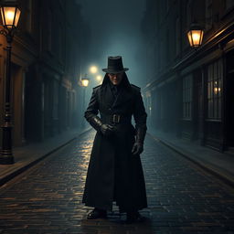 A mysterious figure resembling Jack the Ripper in full black battle armor, wearing a long flowing coat and a hat that obscures his eyes