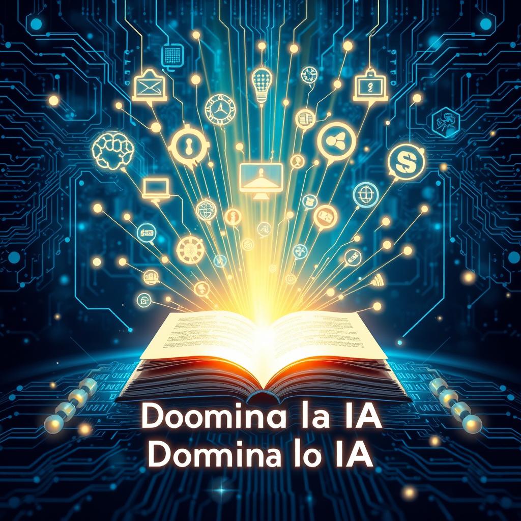 A futuristic illustration featuring a glowing, open book at the center