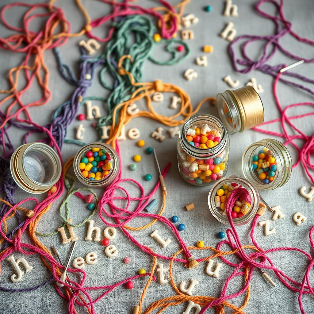 A creative and artistic background for a poetry anthology, featuring unraveled embroidery threads in various colors, beautifully tangled and spread across the background