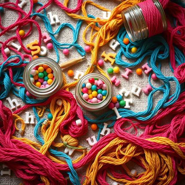A creative and artistic background for a poetry anthology, featuring unraveled embroidery threads in various colors, beautifully tangled and spread across the background