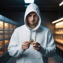 A high-resolution image of a mysterious man holding a bitcoin, standing in a magical laboratory, wearing a hoodie.