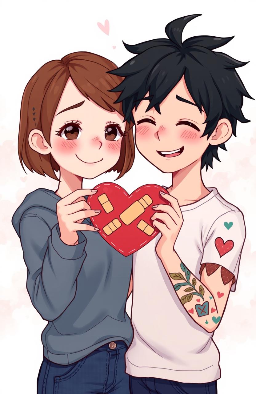 A semi-realistic illustration of a short brown-haired girl and a boy with messy black hair