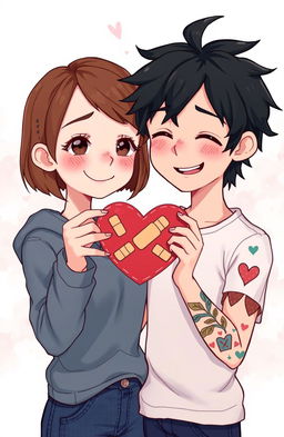 A semi-realistic illustration of a short brown-haired girl and a boy with messy black hair