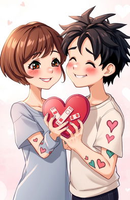 A semi-realistic illustration of a short brown-haired girl and a boy with messy black hair