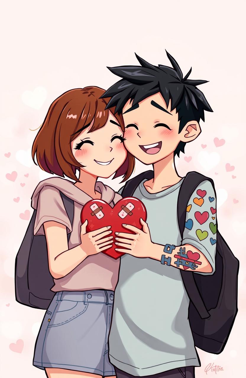 A semi-realistic illustration of a short brown-haired girl and a boy with messy black hair