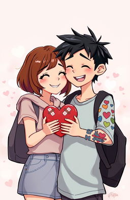 A semi-realistic illustration of a short brown-haired girl and a boy with messy black hair