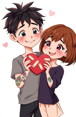 A semi-realistic illustration of a short brown-haired girl and a boy with messy black hair