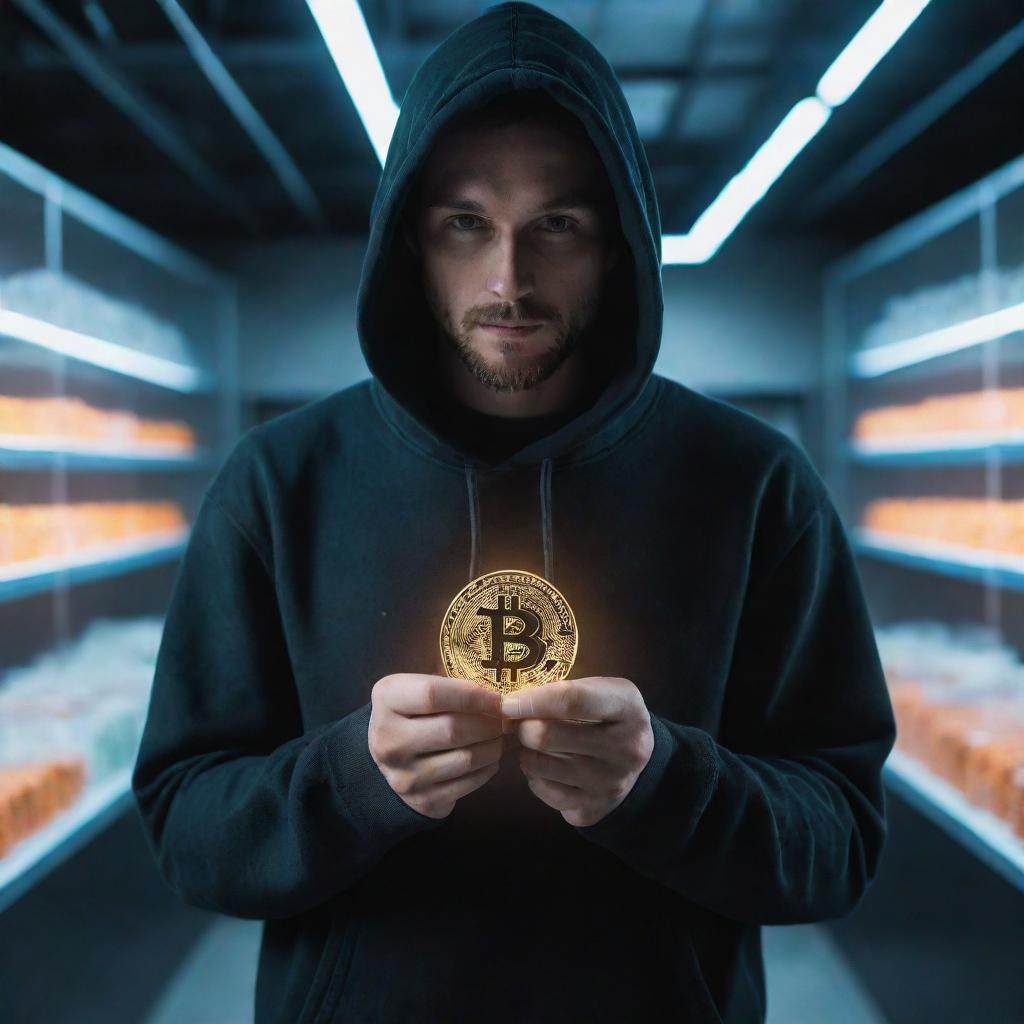 A high-resolution image of a mysterious man holding a bitcoin, standing in a magical laboratory, wearing a hoodie.