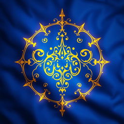 A magical symbol designed intricately on a blue flag, featuring radiant golden halos surrounding it