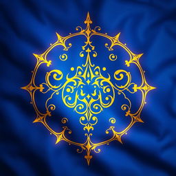 A magical symbol designed intricately on a blue flag, featuring radiant golden halos surrounding it