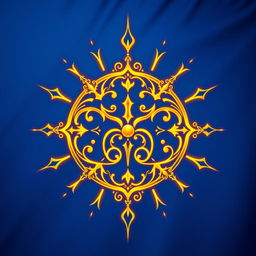 A magical symbol designed intricately on a blue flag, featuring radiant golden halos surrounding it