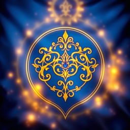 A magical symbol designed intricately on a blue flag, featuring radiant golden halos surrounding it