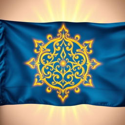 A magical symbol designed intricately on a blue flag, featuring radiant golden halos surrounding it