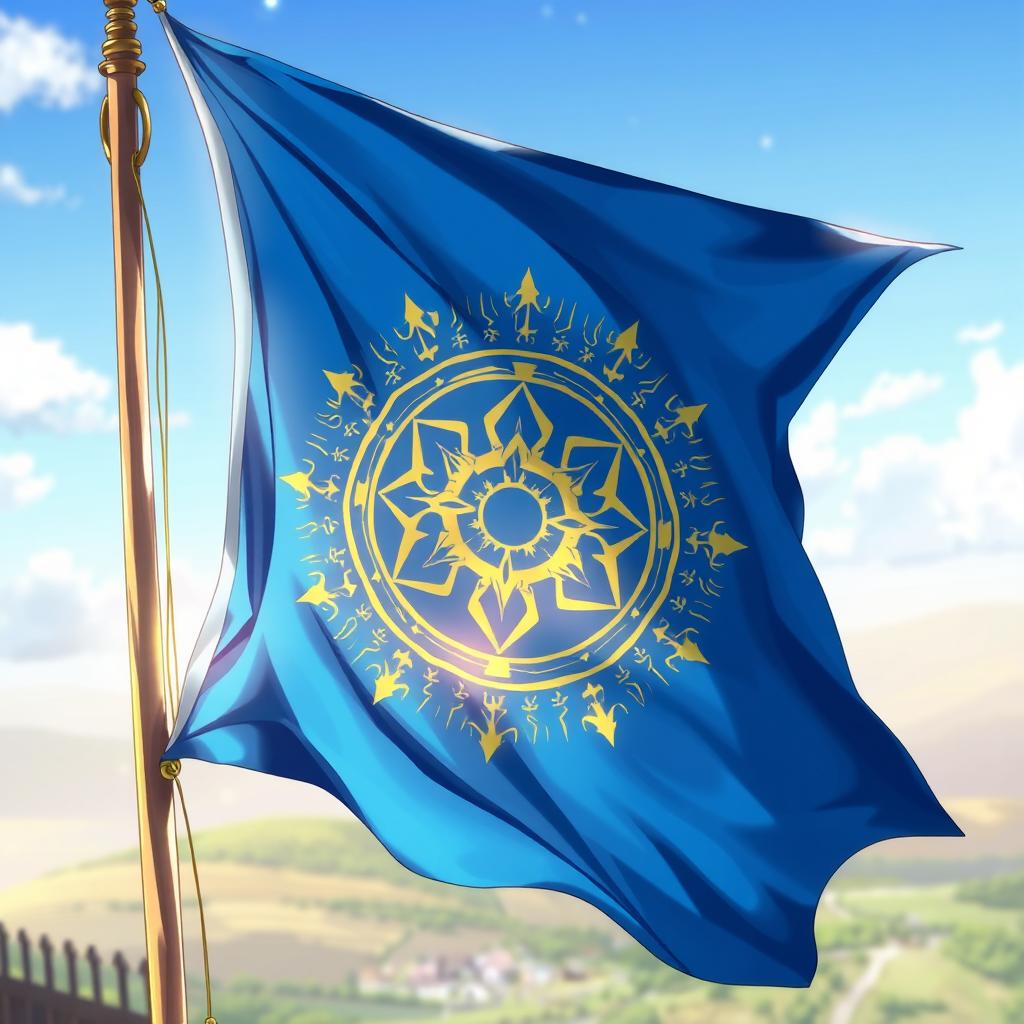 An anime-style depiction of a magical symbol intricately designed on a waving blue flag, mounted on a tall mast