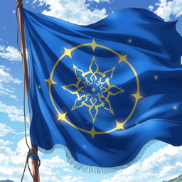 An anime-style depiction of a magical symbol intricately designed on a waving blue flag, mounted on a tall mast