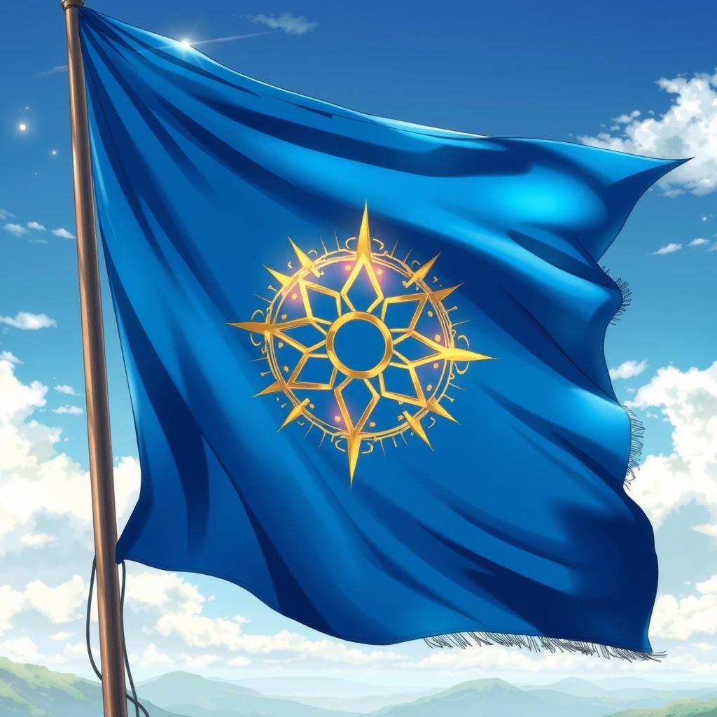 An anime-style depiction of a magical symbol intricately designed on a waving blue flag, mounted on a tall mast