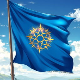 An anime-style depiction of a magical symbol intricately designed on a waving blue flag, mounted on a tall mast