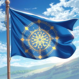 An anime-style depiction of a magical symbol intricately designed on a waving blue flag, mounted on a tall mast