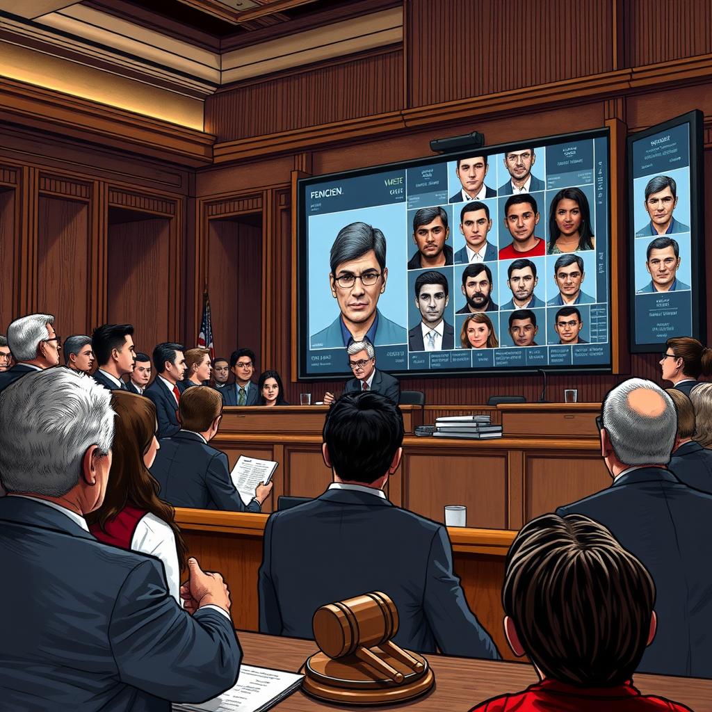 A detailed illustration capturing the use of facial recognition technology in the context of a criminal trial, showing a diverse group of adult defendants and attorneys within a courtroom