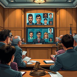 A detailed illustration capturing the use of facial recognition technology in the context of a criminal trial, showing a diverse group of adult defendants and attorneys within a courtroom