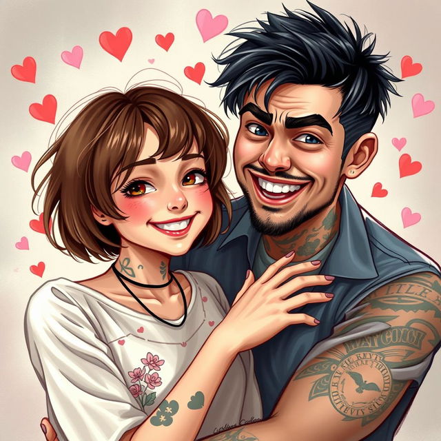 A realistic depiction of a couple in love, featuring a girl with short brown hair who is notably shorter than her boyfriend