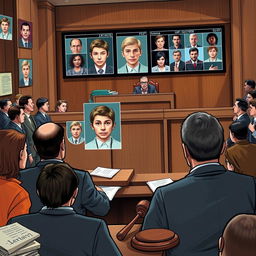 A detailed illustration capturing the use of facial recognition technology in the context of a criminal trial, showing a diverse group of adult defendants and attorneys within a courtroom