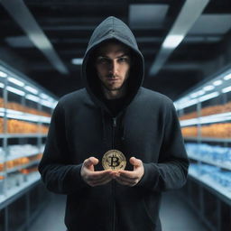 A high-resolution image of a mysterious man holding a bitcoin, standing in a magical laboratory, wearing a hoodie.