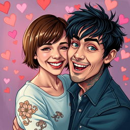 A realistic depiction of a couple in love, featuring a girl with short brown hair who is notably shorter than her boyfriend