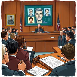 A detailed illustration capturing the use of facial recognition technology in the context of a criminal trial, showing a diverse group of adult defendants and attorneys within a courtroom