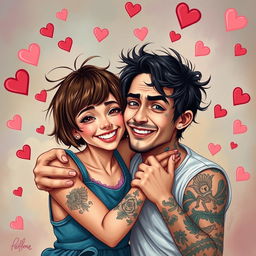 A realistic depiction of a couple in love, featuring a girl with short brown hair who is notably shorter than her boyfriend