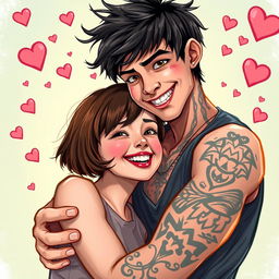 A realistic depiction of a couple in love, featuring a girl with short brown hair who is notably shorter than her boyfriend